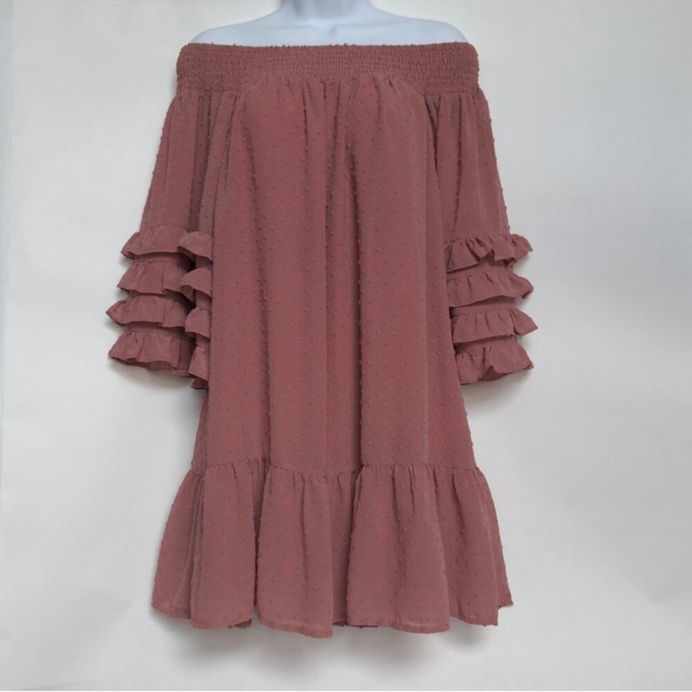 WISHLIST APPAREL Blush Pink Ruffled Slip On Swiss Dot Peasant Dress S/M Small